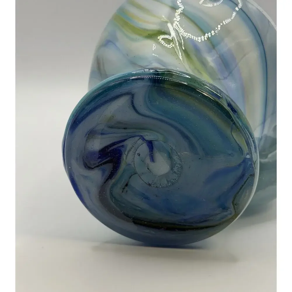 Vintage Hand Blown Art Glass Swan Vase Blue Slag Swirl MCM 10.5”